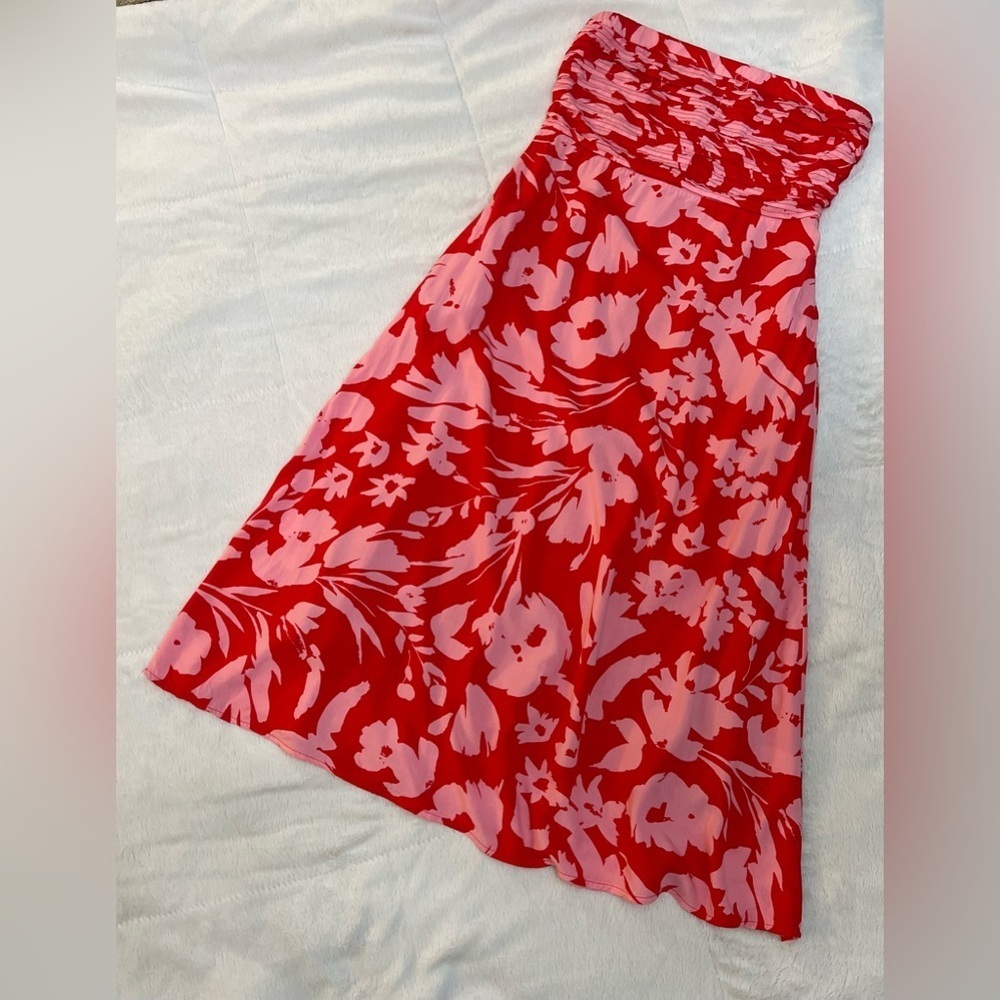 🌺 Anthropologie Lost + Wander Strapless Red Floral Midi Dress - Picture 4 of 9